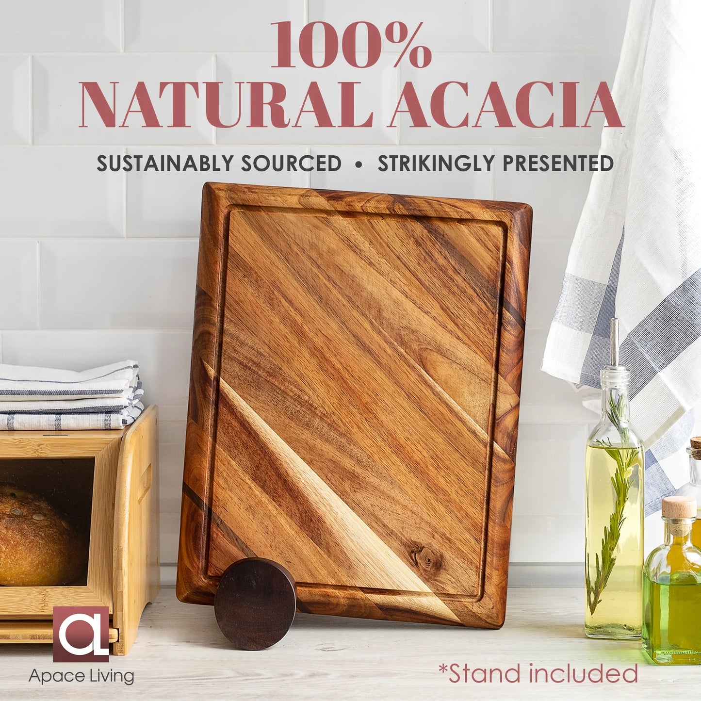 Contour Wood Cutting Board - Large Acacia Butcher Block Chopping Board for Kitchen W/Stand, Sustainable Wood, Juice Groove - Doubles as 4 Compartment Serving Board - 17X13X1.5
