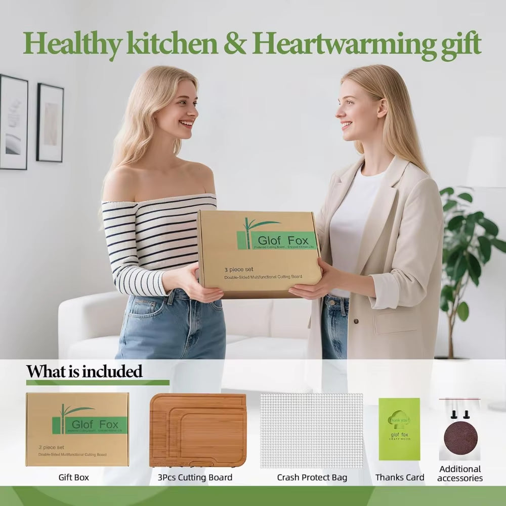 3-PCS Bamboo Cutting Board Set, Wood Cutting Board for Kitchen with Innovative Stand, Juice Groove & Handle, Double Sided for Ch