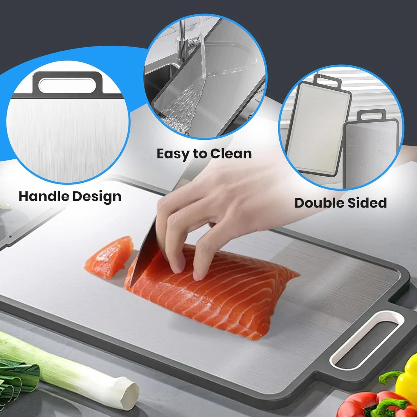 Double-Sided Stainless Steel Cutting Board 16X11 Inch - Stainless Steel-Wheat Straw PP Dishwasher Safe Chopping Board for Meat & Vegetables