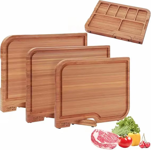3-PCS Bamboo Cutting Board Set, Wood Cutting Board for Kitchen with Innovative Stand, Juice Groove & Handle, Double Sided for Ch