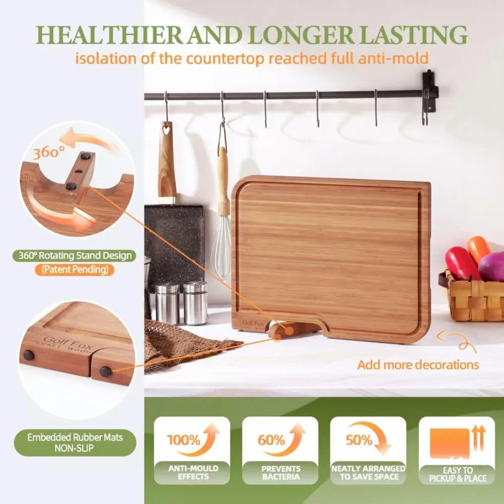 3-PCS Bamboo Cutting Board Set, Wood Cutting Board for Kitchen with Innovative Stand, Juice Groove & Handle, Double Sided for Ch