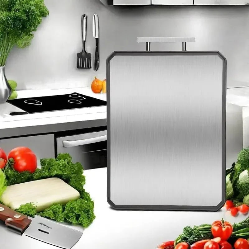 Double-Sided Stainless Steel Cutting Board 16X11 Inch - Stainless Steel-Wheat Straw PP Dishwasher Safe Chopping Board for Meat & Vegetables
