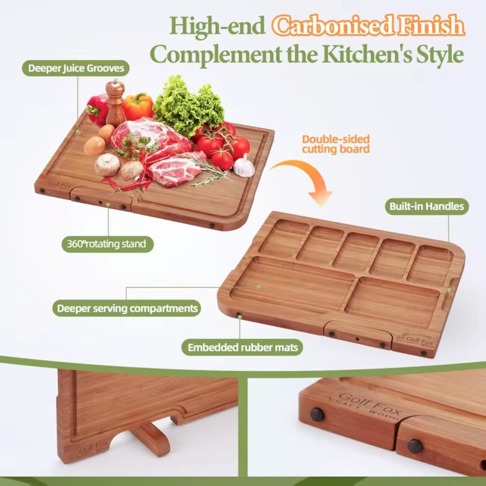 3-PCS Bamboo Cutting Board Set, Wood Cutting Board for Kitchen with Innovative Stand, Juice Groove & Handle, Double Sided for Ch