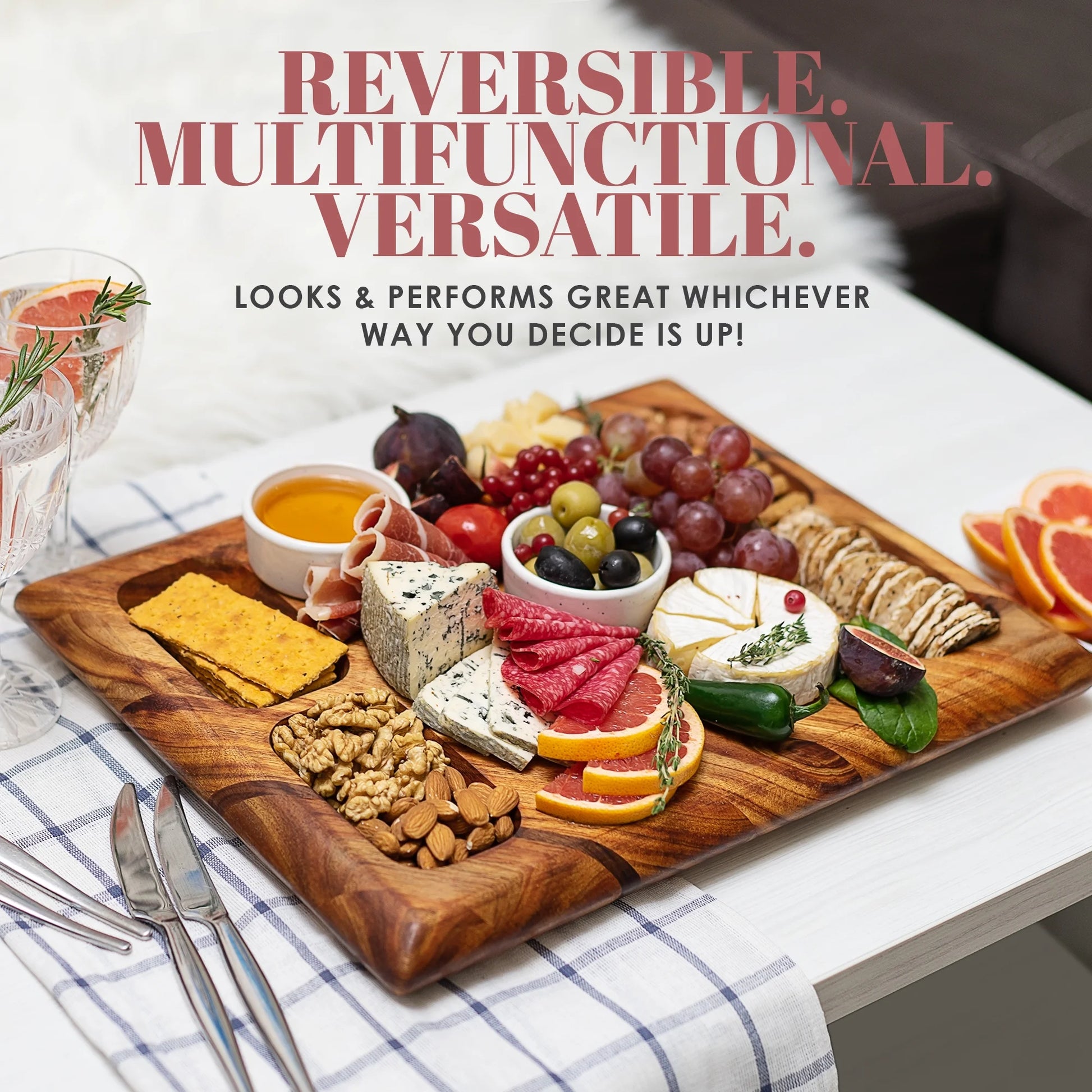 Contour Wood Cutting Board - Large Acacia Butcher Block Chopping Board for Kitchen W/Stand, Sustainable Wood, Juice Groove - Doubles as 4 Compartment Serving Board -  17X13X1.5