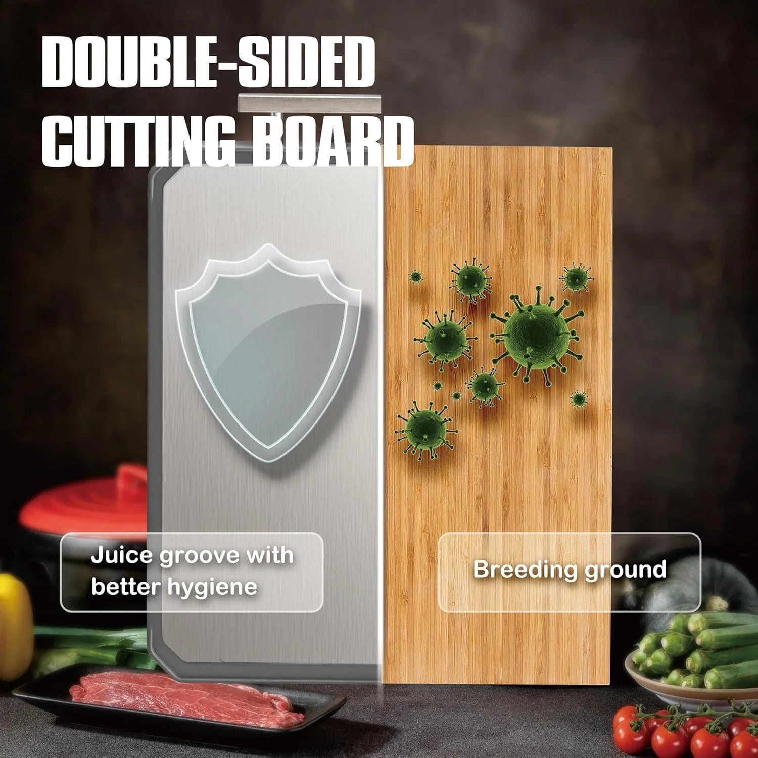 Double-Sided Stainless Steel Cutting Board 16X11 Inch - Stainless Steel-Wheat Straw PP Dishwasher Safe Chopping Board for Meat & Vegetables