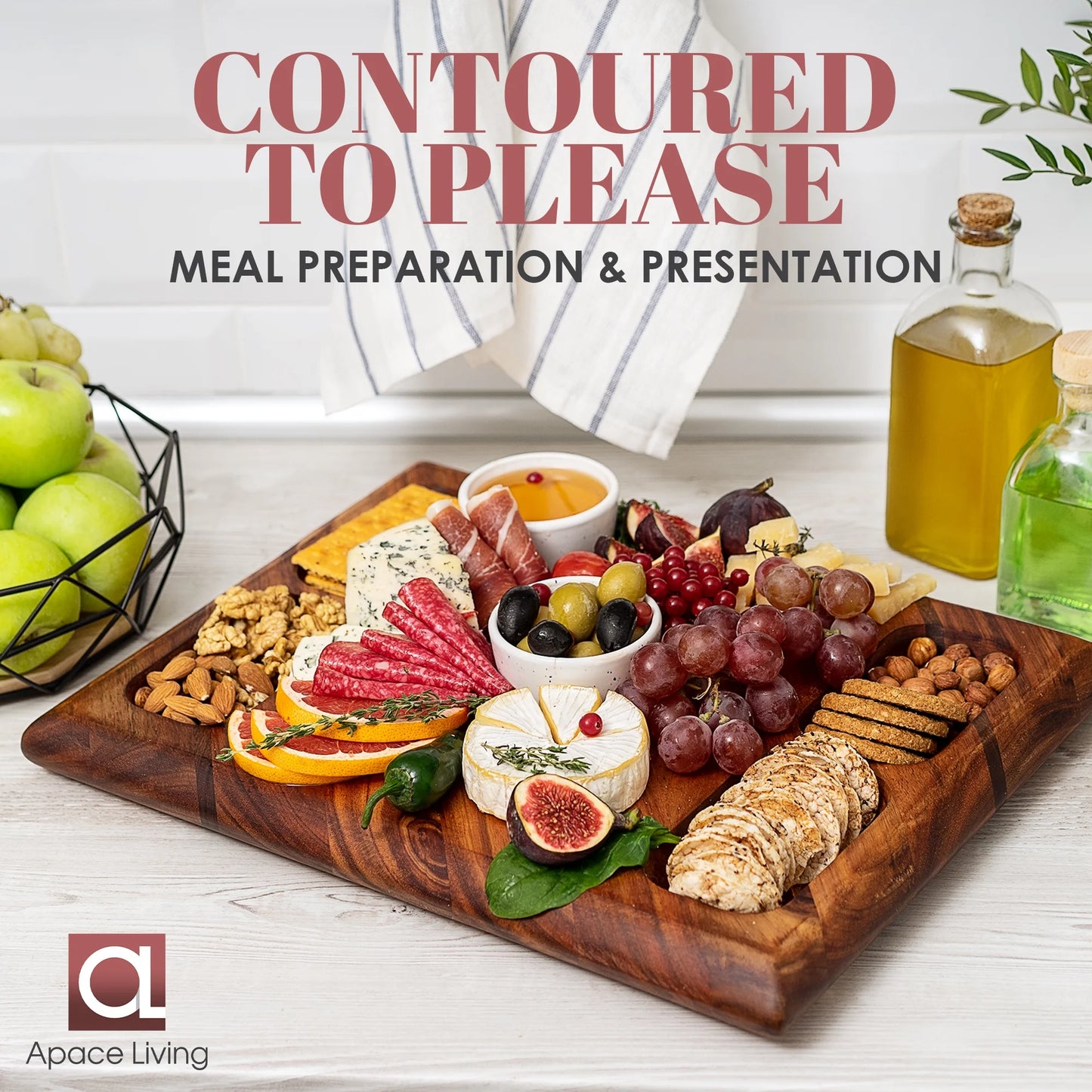 Contour Wood Cutting Board - Large Acacia Butcher Block Chopping Board for Kitchen W/Stand, Sustainable Wood, Juice Groove - Doubles as 4 Compartment Serving Board -  17X13X1.5