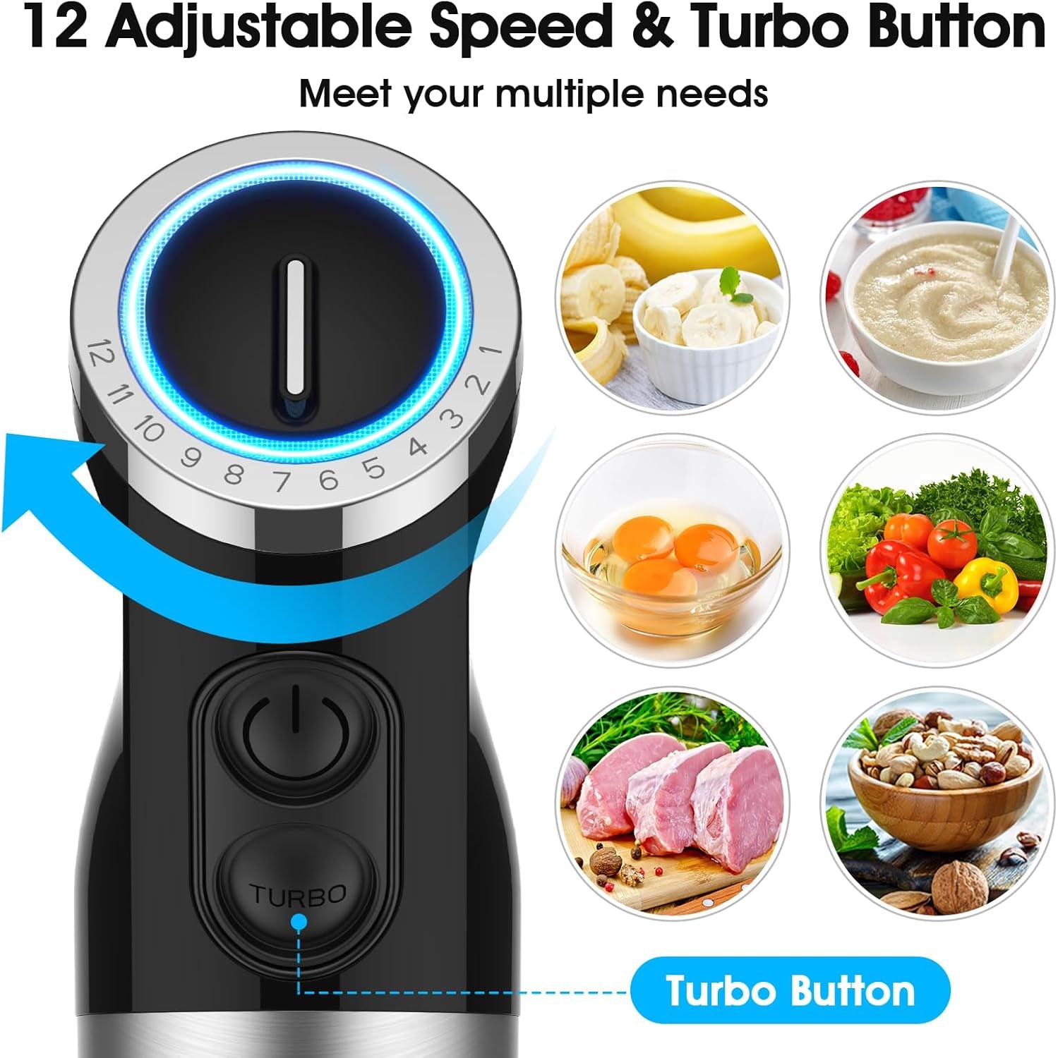 Upgraded Immersion Blender Handheld, 1000W 12-Speed 5 in 1 Hand Mixer Stick Blender with 304 Stainless Steel Blade,Food Processor,Beaker,Egg Whisk&Milk Frother,Non-Bpa,Smoothies Purée Baby Food