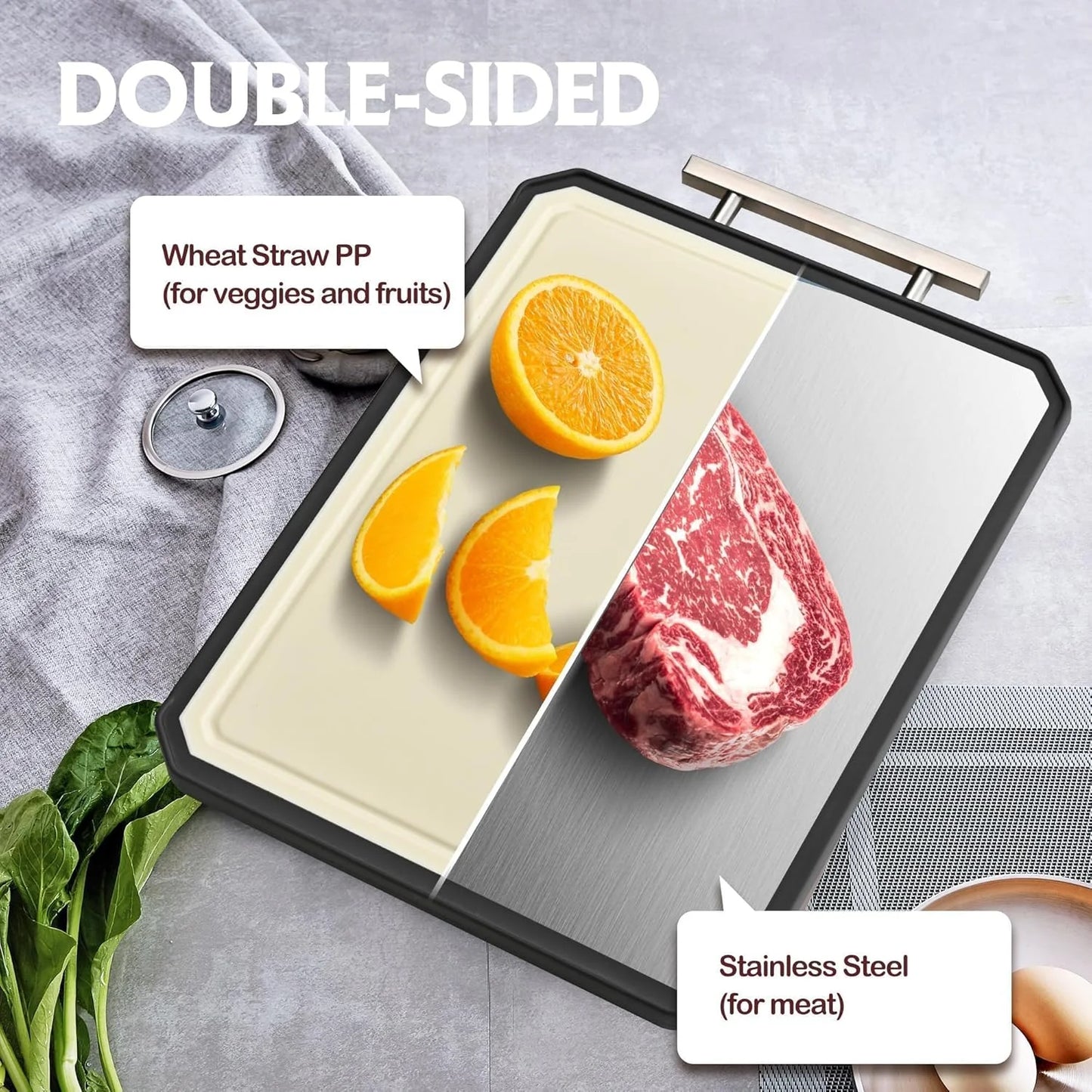 Double-Sided Stainless Steel Cutting Board 16X11 Inch - Stainless Steel-Wheat Straw PP Dishwasher Safe Chopping Board for Meat & Vegetables