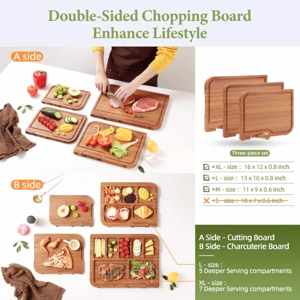 3-PCS Bamboo Cutting Board Set, Wood Cutting Board for Kitchen with Innovative Stand, Juice Groove & Handle, Double Sided for Ch