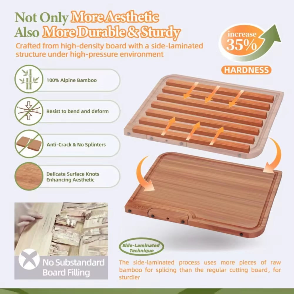 3-PCS Bamboo Cutting Board Set, Wood Cutting Board for Kitchen with Innovative Stand, Juice Groove & Handle, Double Sided for Ch
