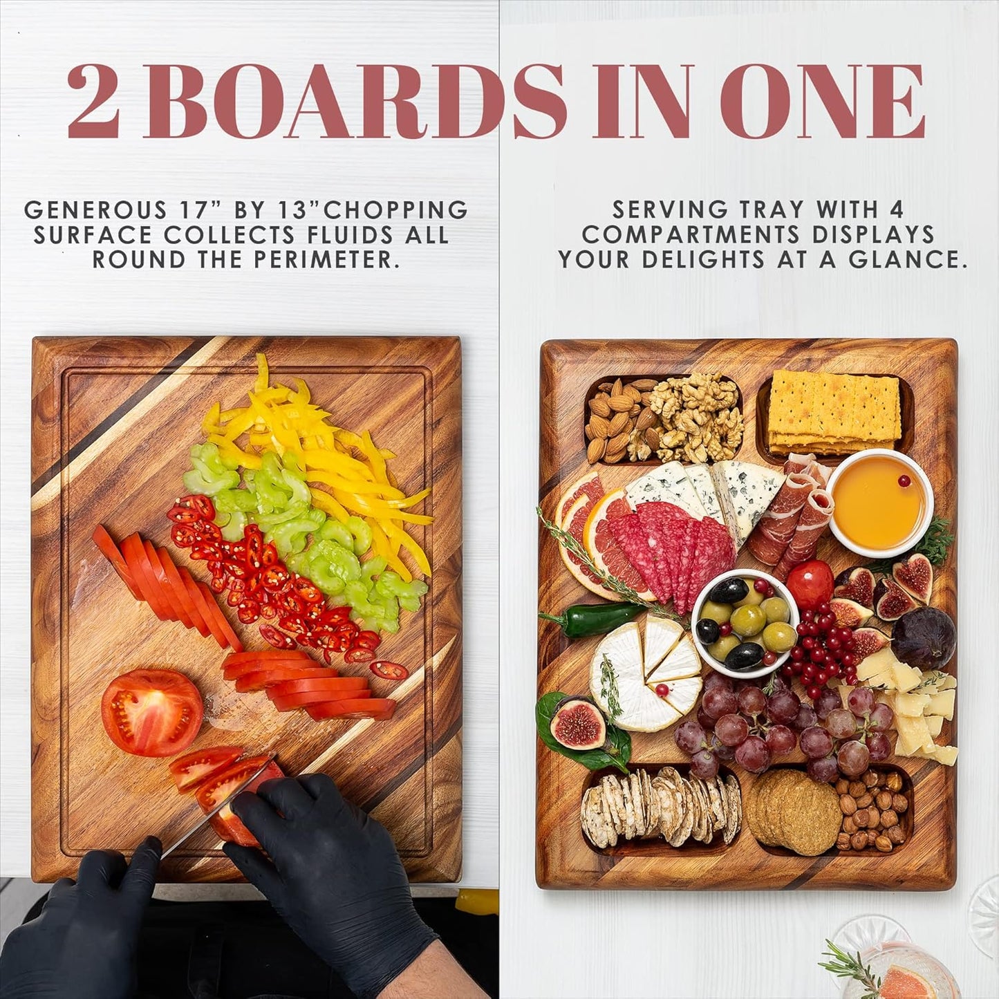 Contour Wood Cutting Board - Large Acacia Butcher Block Chopping Board for Kitchen W/Stand, Sustainable Wood, Juice Groove - Doubles as 4 Compartment Serving Board -  17X13X1.5