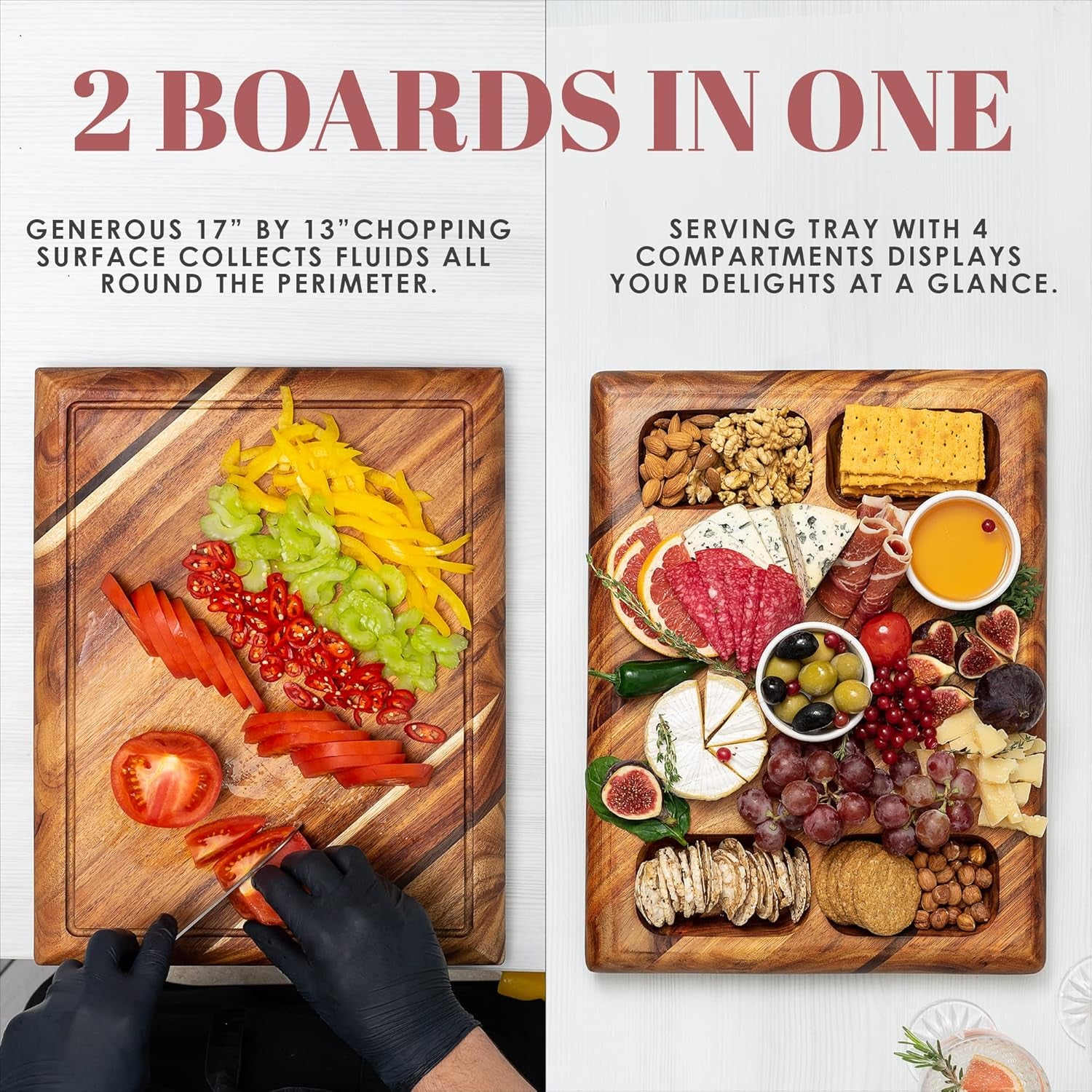 Contour Wood Cutting Board - Large Acacia Butcher Block Chopping Board for Kitchen W/Stand, Sustainable Wood, Juice Groove - Doubles as 4 Compartment Serving Board -  17X13X1.5